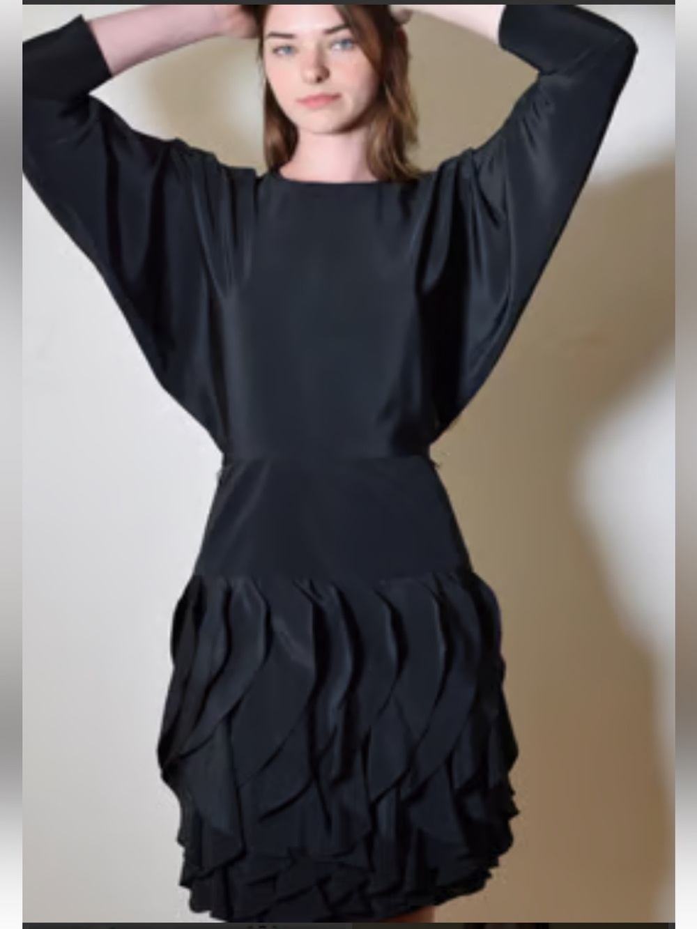 Vintage Gillian Silk Black doleman sleeve belted Dress with Flutter Skirt